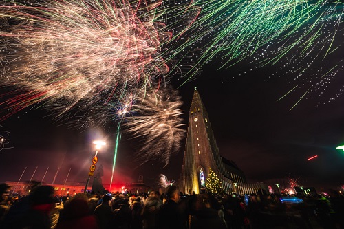 Fireworks celebrations during New Years in Reykjavik Iceland