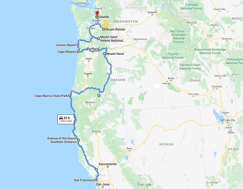 Suggested San Francisco to Seattle road trip route map.