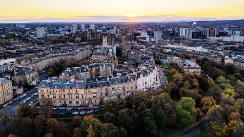 A golden hour aerial perspective of Glasgow, Scotland.