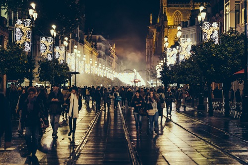 Christmas Markets and Street Lights in Seville, Spain