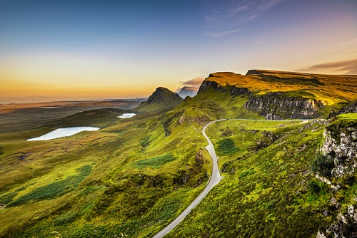 The sun sets over the Quiraing on the Isle of Skye.