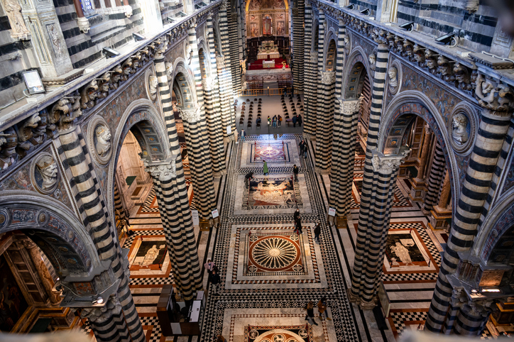 Elevated view of the nave inside Siena's Cathedral in Italy