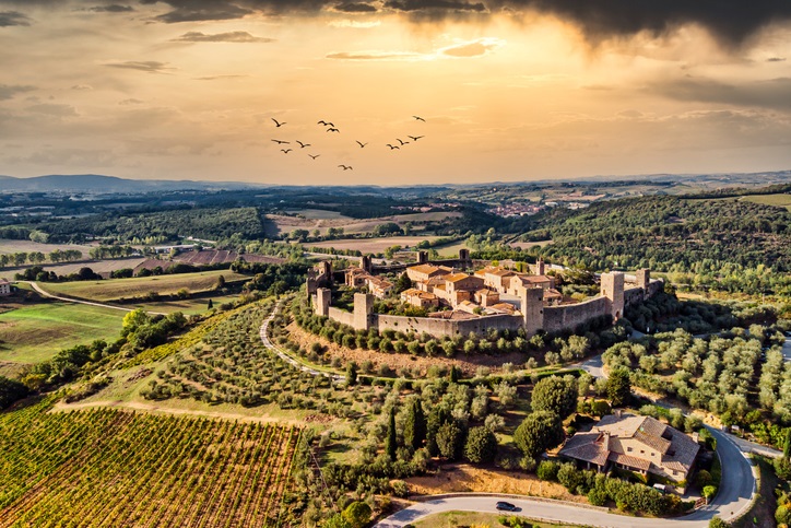 Amazing aerial view of Monteriggioni in Italy