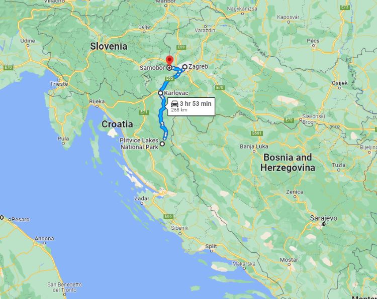 Inland road trip route through Croatia