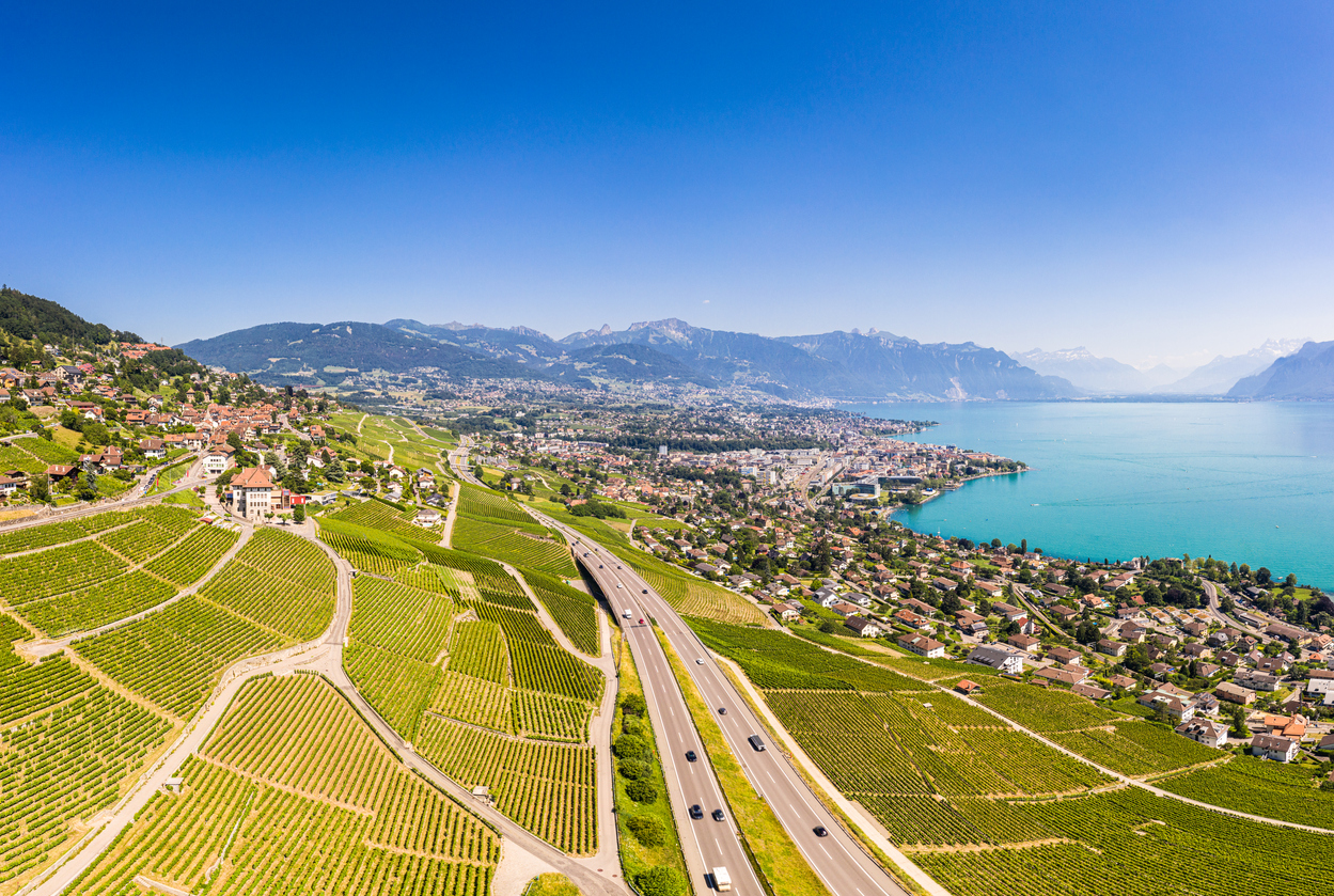 Aerial view of Lavaux terraced vineyards and where you can go wine tasting in the region