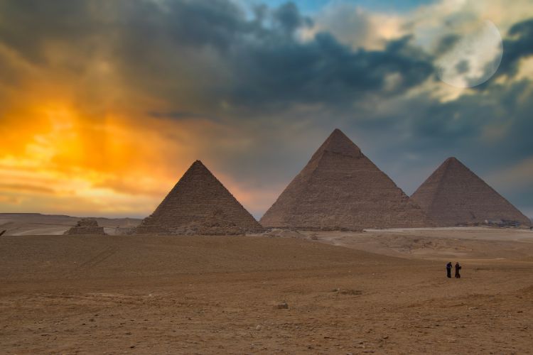 The pyramids in Giza just around sunset.
