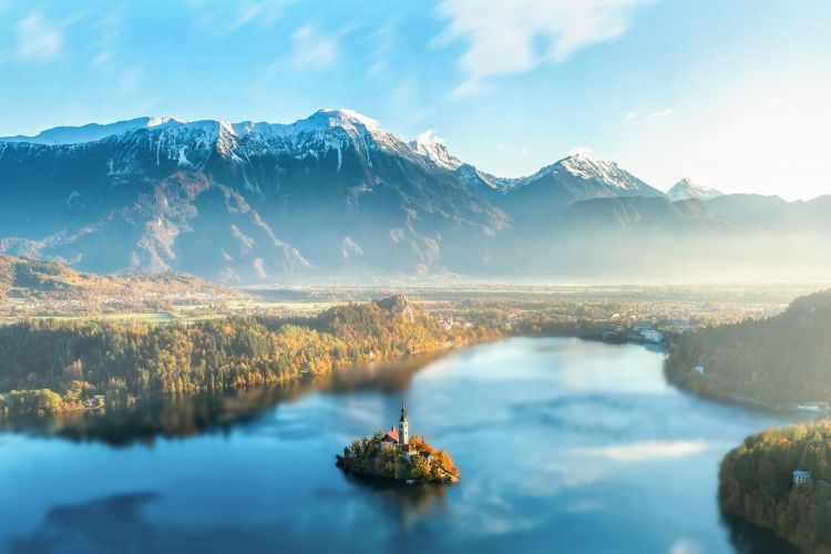 bird's eye view of the enchanting Lake Bled, Slovenia