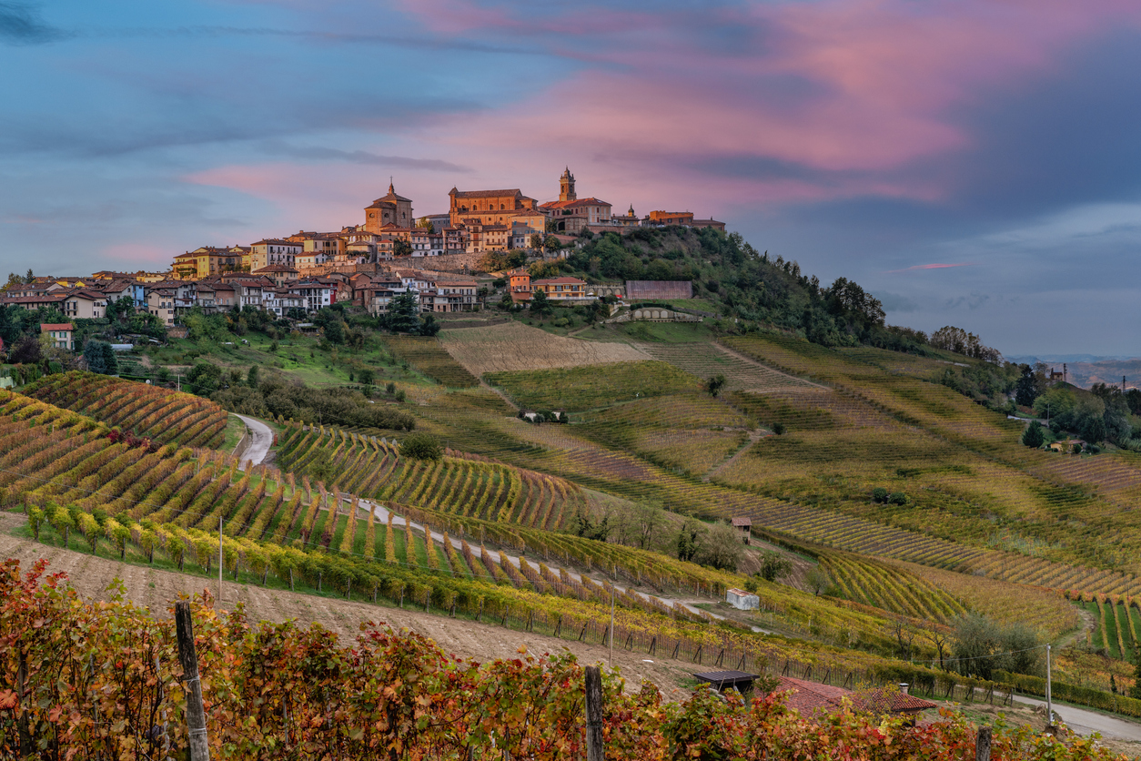 Sunset view of the vineyards surrounding La Morra in Piedmont, Italy