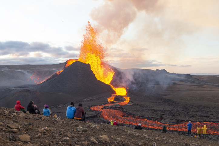 Iceland volcano eruption recently with visitors watching