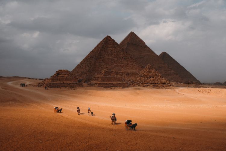 The pyramids at Giza on a cloudy day