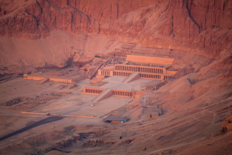 View of Luxor at sunrise as seen from a hot air balloon