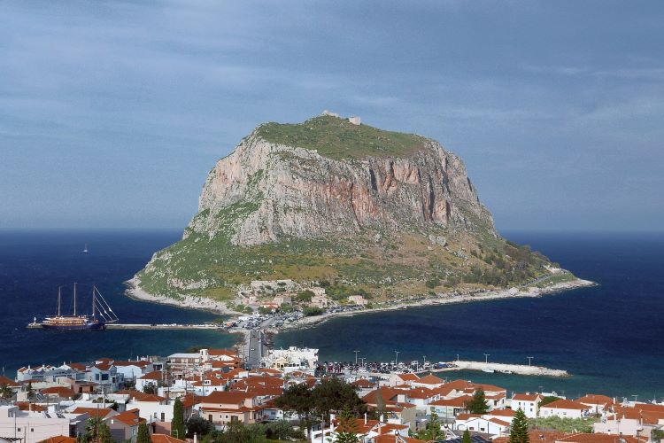 The medieval town of Monemvasia is built on the side of this rock