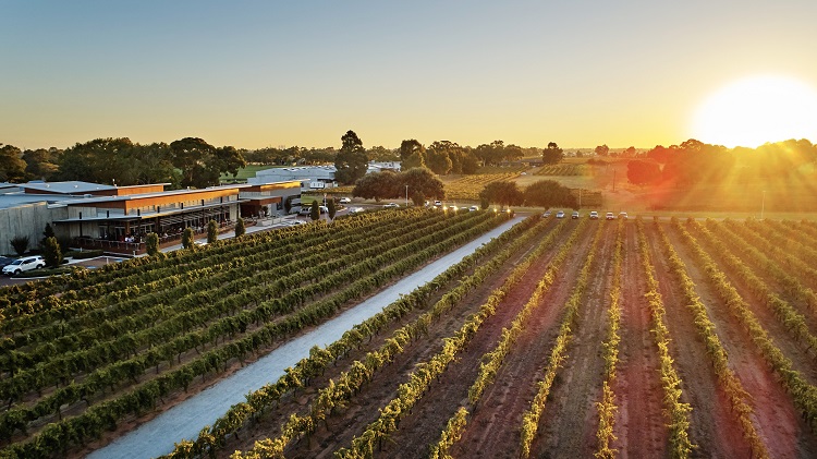 Aerial view of the Mandoon Estate & Homestead Brewery at sunset.