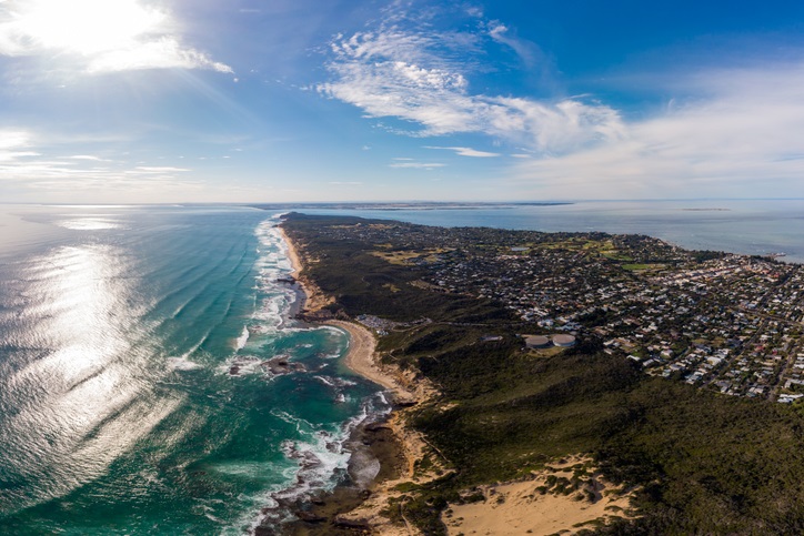 An aerial shot of Mornington Peninsula towards Point Nepean and Port Phillip Bay in Victoria, Australia.