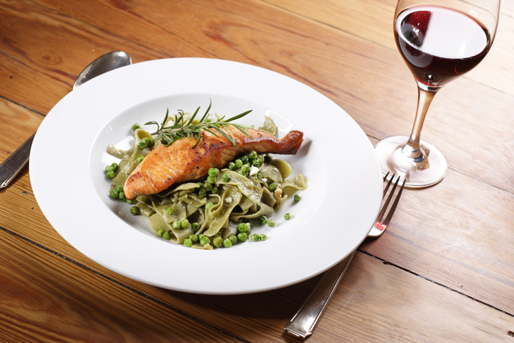 malbec with fish - salmon over wild garlic pasta