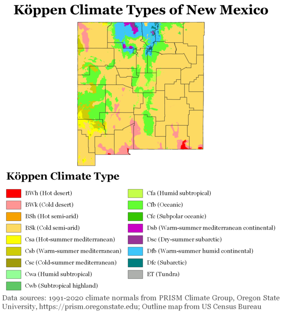 Köppen climate types of New Mexico, using 1991-2020 climate norms