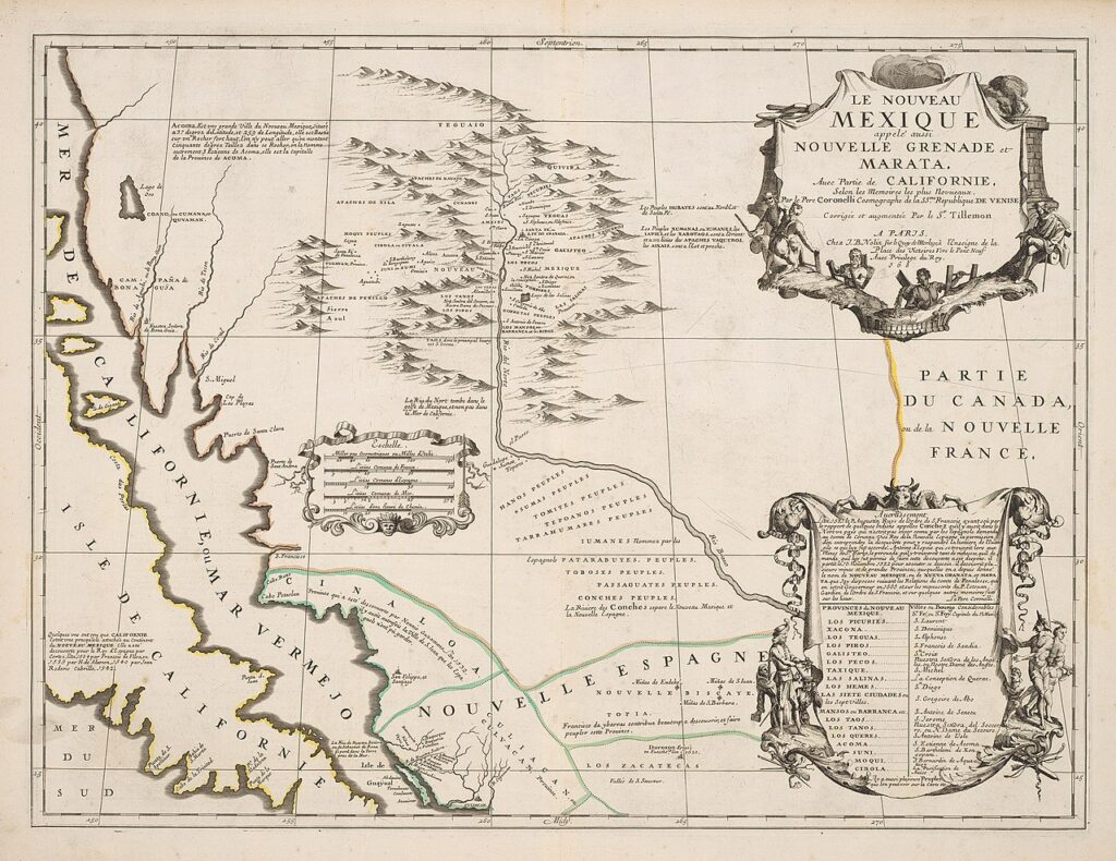 Map drawn by Abbé Claude Bernou based upon information from a former governor of New Mexico (1661-1664) Public Domain via Wikimedia.