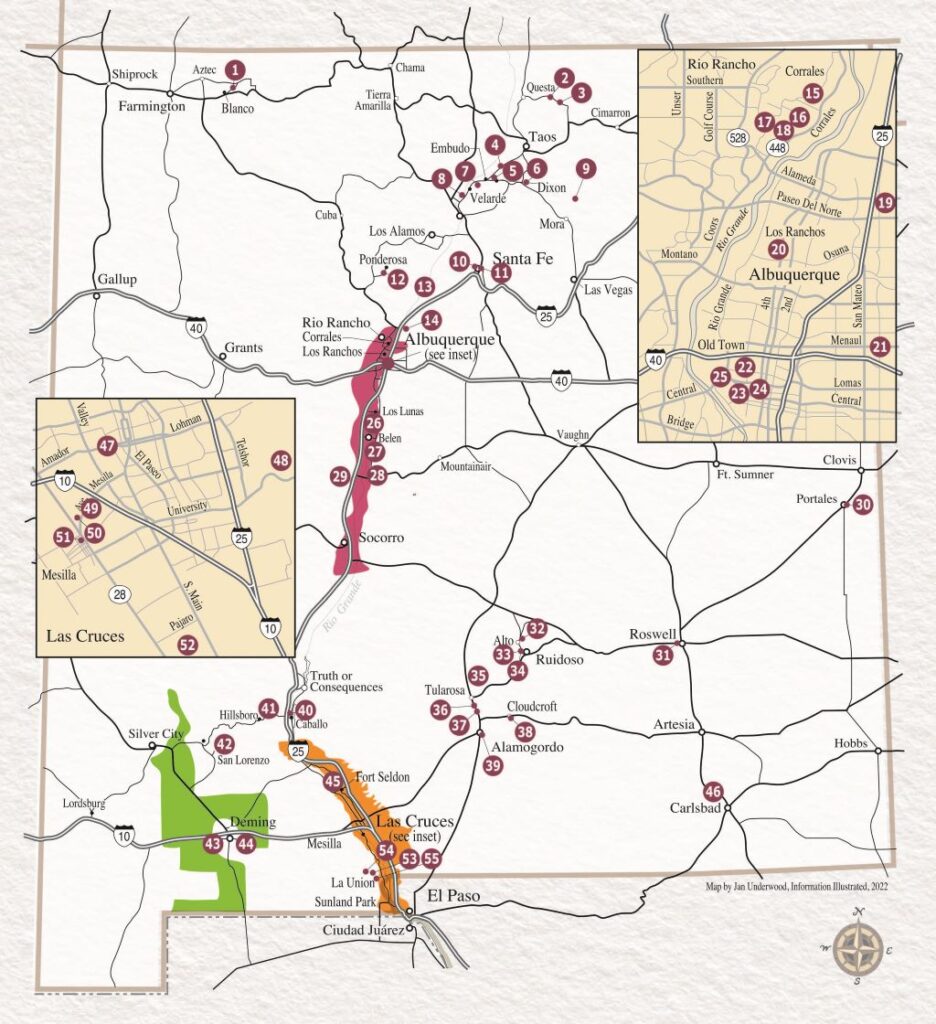 Map of New Mexico as a wine region and its various wineries