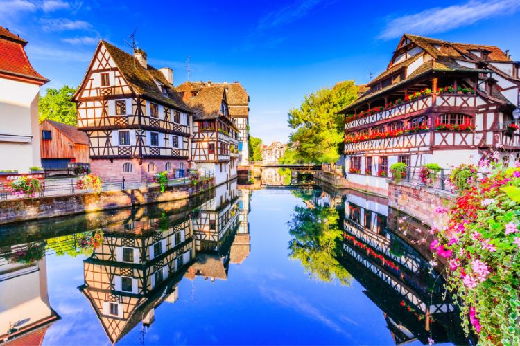 Houses and canals and wine bars in Strasbourg, France