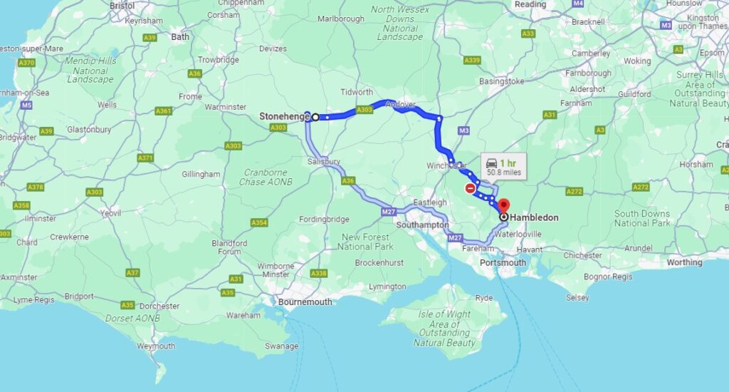 Map of route from Hambledon Vineyard to Stonehenge