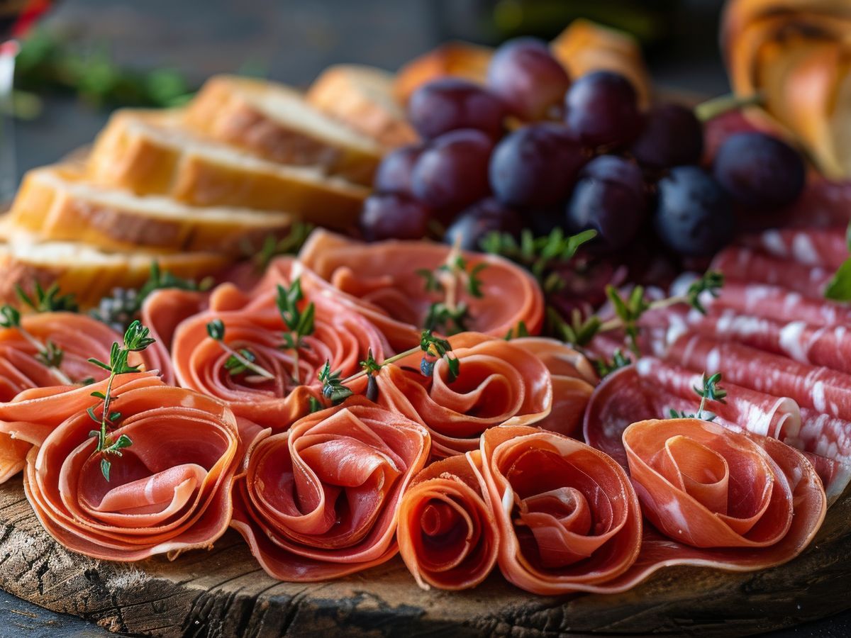 Prosciutto and salami folded into rosettes on a charcuterie board with sliced bread and grapes