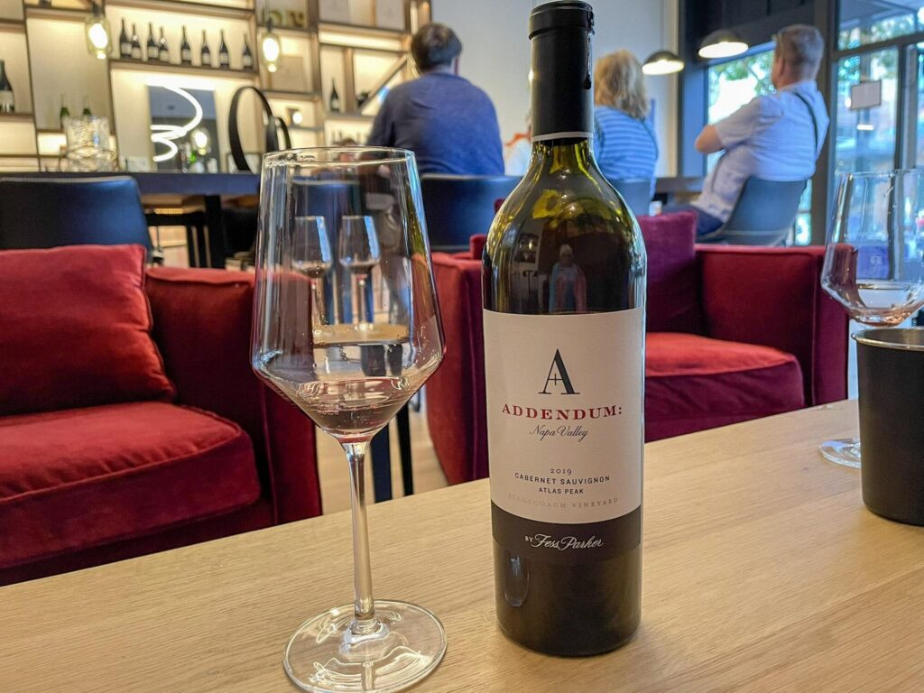 A glass of Addendum Cabernet Sauvignon at the Fess Parker tasting room in Napa
